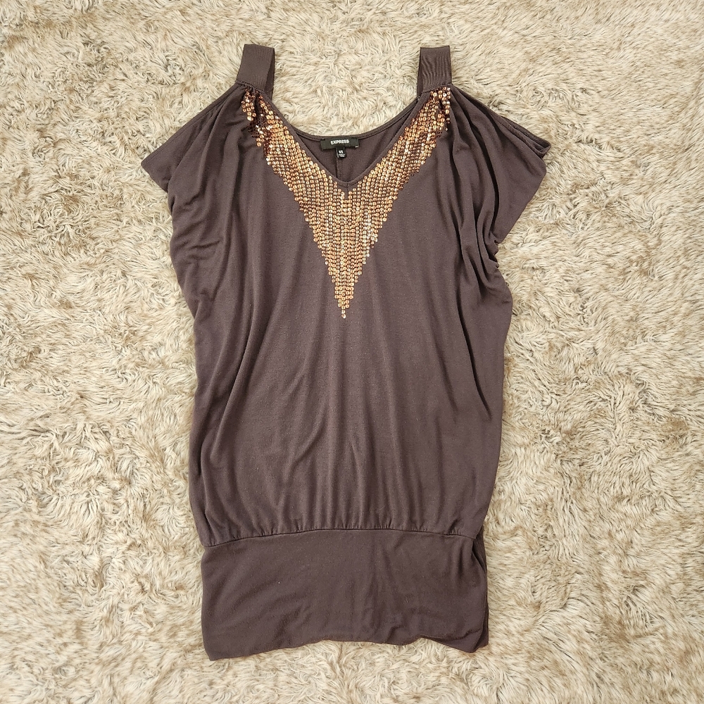 Express Cold Shoulder V-neck Tunic Top Gray With Bronze Sequins Women's‎ Size XS